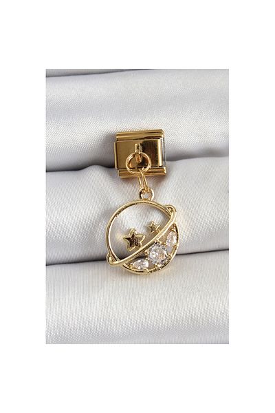 Skygo 316L Steel Dangle Zircon Stone Saturn Model Gold Color Nomination Charm - Tj-Bc1418