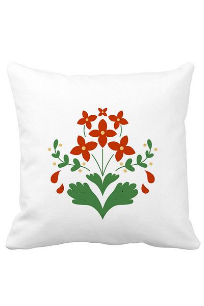 BEKZ Red Floral Square Decorative Pillow, 40x40 cm, White, Matte, Removable Cover, Bellows