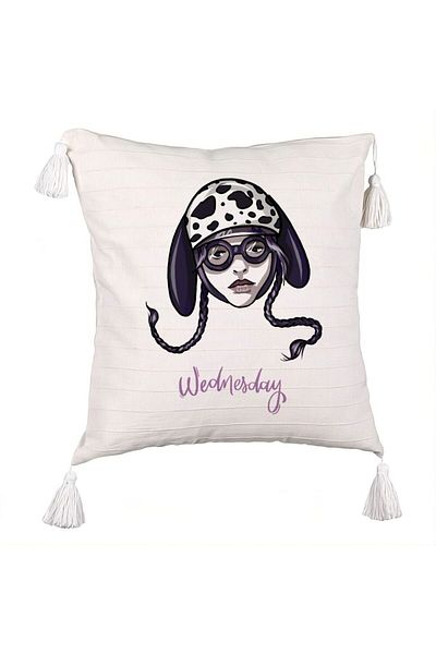 BEKZ Fringed Pillowcase, Wednesday Addams 1 Model, 45x45 cm, Ecru, With zipper