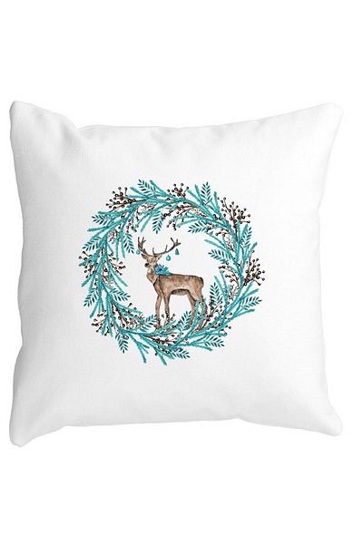 BEKZ Decorative Pillow Christmas Wreath and REN, 40x40 cm, White, Matte, Removable Cover, Bellows
