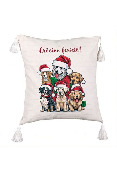 BEKZ Christmas Fringed Pillowcase with Puppies and Text, 45x45 cm, Ecru, With zipper