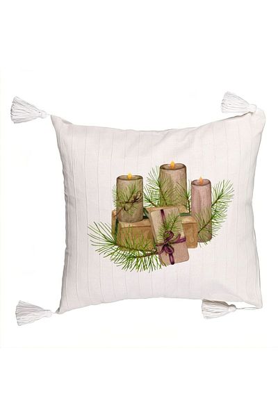 BEKZ Christmas themed decorative pillow with fringes, Candles, 7, 45x45 cm, Ecru, With zipper