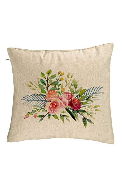 BEKZ Decorative Pillow, Summer Floral Pattern, 40x40 cm, Beige, Removable Cov...