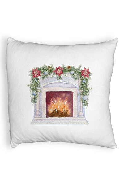 BEKZ Față de pernă pufoasă cu tematică de Crăciun, șemineu, 40x40 cm, albă