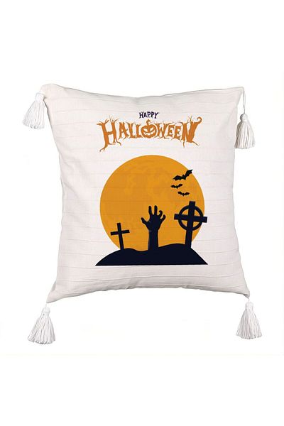 BEKZ Fringed Pillowcase with Halloween Motif 2, 45x45 cm, Ecru, With zipper