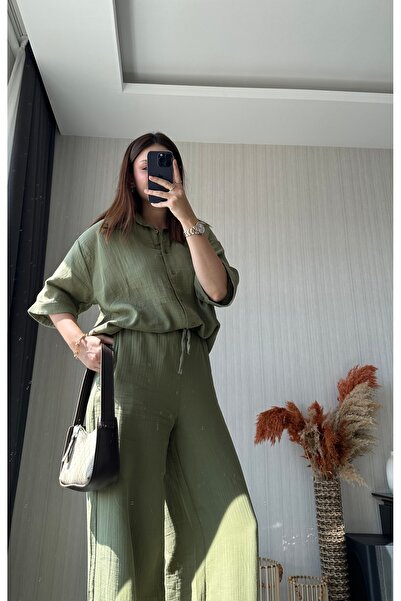 ButikNo35 Khaki Muslin Fabric Trousers Shirt Set