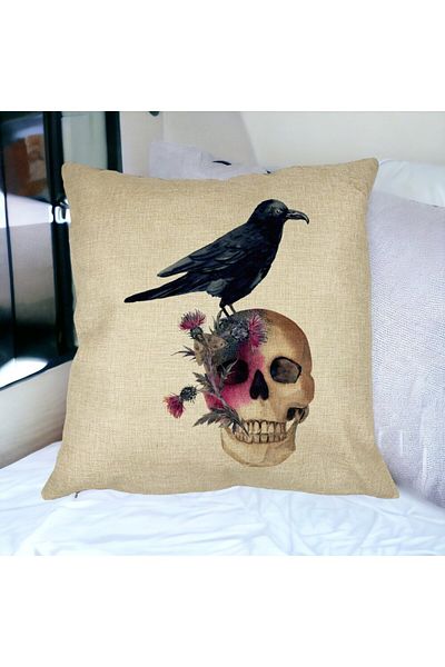 BEKZ Perna Decorativa cu motiv Craniu si Cioara de Halloween, 40x40 cm, Husa Detasabila, Burduf