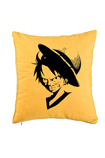 BEKZ Fata de perna cu One piece Luffy Black, 40x40 cm, Galben, Husa Detasabila, Burduf
