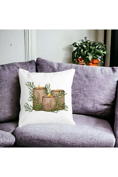 BEKZ Christmas Themed Decorative Pillow, Candles, 6, 40x40 cm, White, Matte, Removable Cover, Bellows