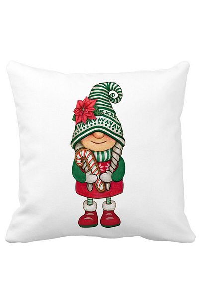 BEKZ Christmas Themed Decorative Pillow, Gnome 5, 40x40 cm, White, Matte, Removable Cover, Bellows