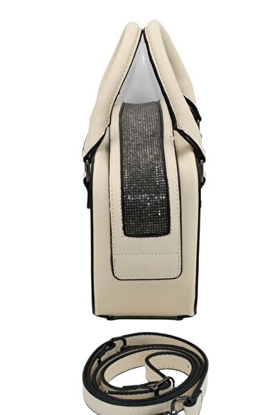 Morpelikan Women's Stylish Detailed Zippered Adjustable Cross Strap Cream Hand and Shoulder Bag