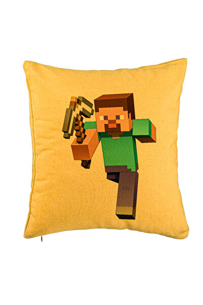 BEKZ Perna Decorativa, Model Minecraft Mining Steve 8bit, 40x40 cm, Galben, Husa Detasabila, Burduf