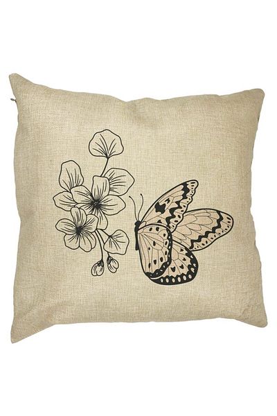 BEKZ Perna Decorativa Patrata Fluture si Flori, 40x40 cm, Husa Detasabila, Burduf