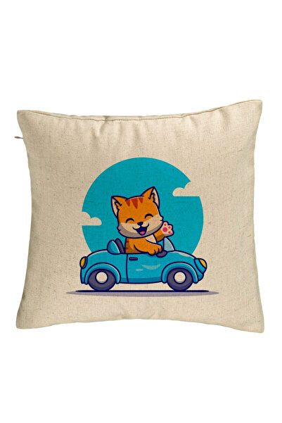 BEKZ Decorative Pillow, Cat with Car Pattern, 40x40 cm, Beige, Removable Cove...