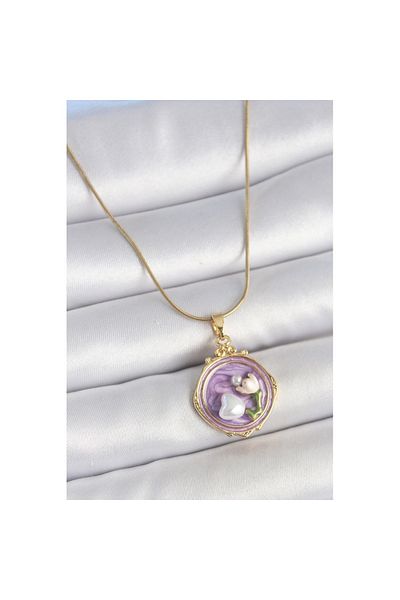 Skygo 316L Steel Gold Color Chain Purple Enamel Pearled Flower Embroidered Portrait Model Women's Necklace - Tj-Bko10149