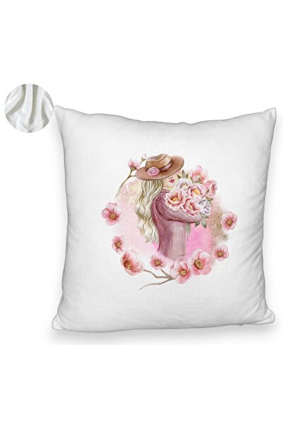 BEKZ Fata De Perna Fluffy, Model The Flower Lady, 40x40 Cm, Alba, Husa Detasabila