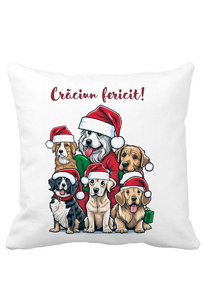 BEKZ Christmas Decorative Pillow with Puppies and Text, 40x40 cm, White, Matte, Removable Cover, Bellows