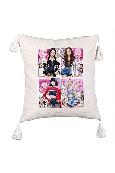 BEKZ BlackPink Decorative Pillow with Fringes, Model 5, 45x45 cm, Ecru, With zipper