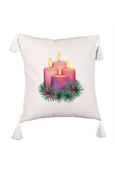 BEKZ Christmas themed Fringed Pillowcase, Candles 5, 45x45 cm, Ecru, With zipper
