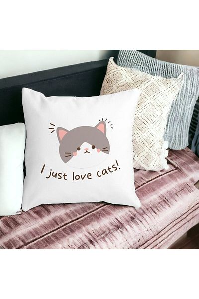 BEKZ Square Pillowcase I Just Love Cats, 40x40 Cm, White, Matte