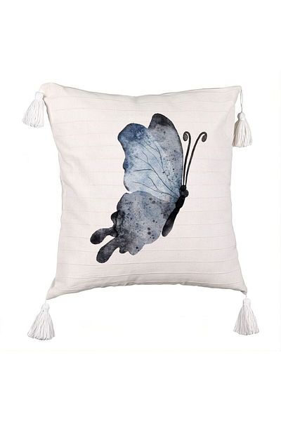 BEKZ Decorative Pillow with Fringes, Butterfly Pattern 2, Blue and Black 45x45 cm, Ecru, With zipper