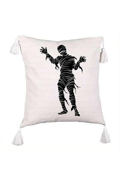 BEKZ Fringed Pillowcase with Halloween Mummy 2 motif, 45x45 cm, Ecru, With zipper