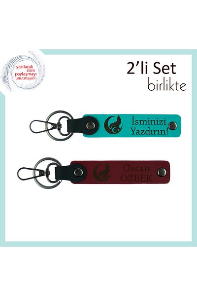 Miaju Kankaya Armağan – Bozkurt and Ayyıldız Patterned Keychain Set with Name Written, Dark Turquoise-Claret Red