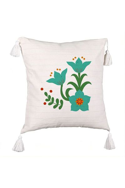 BEKZ Fringed Pillowcase, Green Floral Pattern, 45x45 cm, Ecru, With Zipper