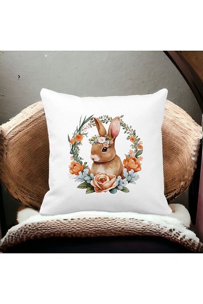 BEKZ Square Pillowcase Bunny With Floral Crown, 40x40 Cm, White, Matte