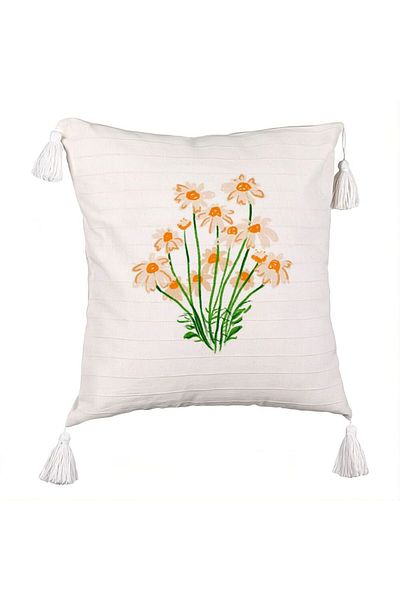 BEKZ Decorative Pillow with Fringes, Floral Daisy Pattern, 45x45 cm, Ecru, With Zipper