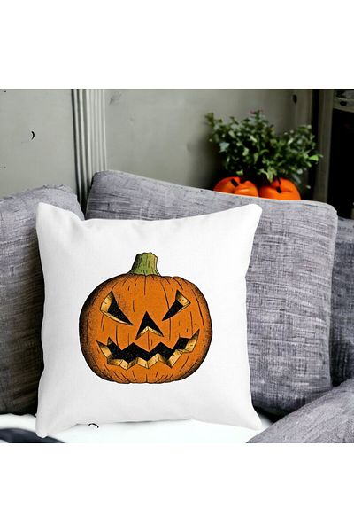 BEKZ Decorative Pillow with Halloween Pumpkin Motif 2, 40x40 cm, White, Matte, Removable Cover, Bellows