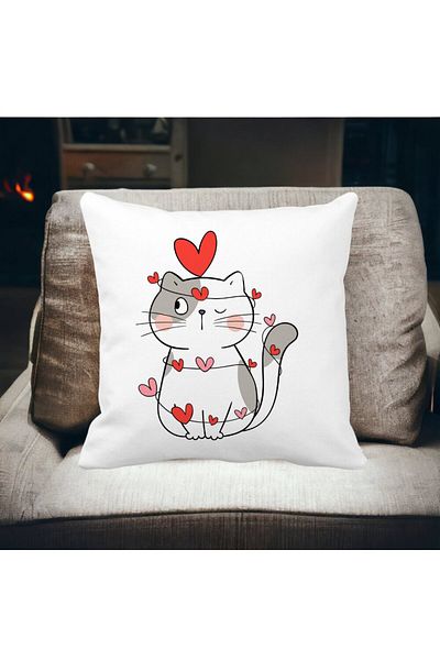 BEKZ Decorative Pillow, Kitty, 40x40 cm, White, Matte, Removable Cover, Bellows