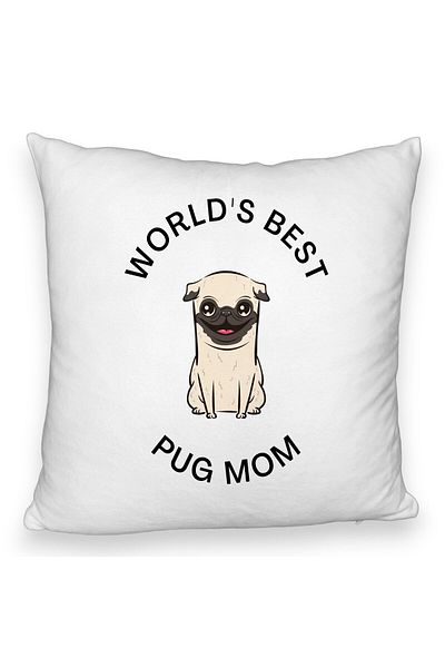 BEKZ Fluffy Decorative Pillow, World's Best Pug Mom Pattern, 40x40 cm, White, Removable Cover, Bellows