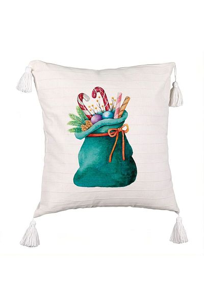 BEKZ Fringed Pillowcase Santa's Sack with Gifts, 45x45 cm, Ecru, With zipper