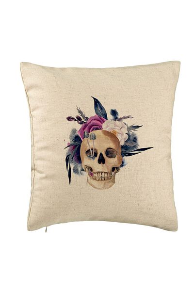 BEKZ Față de pernă cu motiv de craniu și flori de Halloween, 40x40 cm, bej