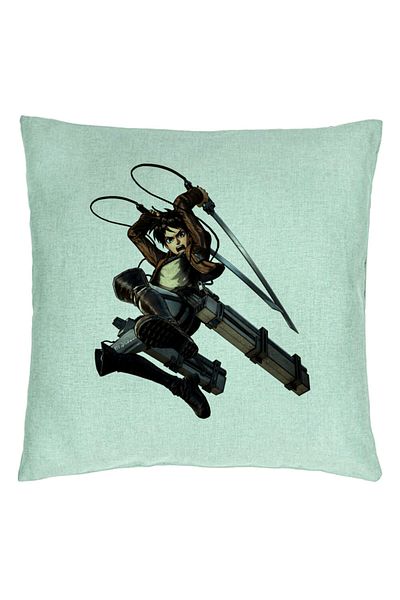 BEKZ Decorative Pillow with Attack on Titan Eren Yeager, 40x40 cm, Mint Green, Removable Cover, Bellows