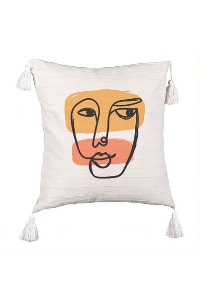 BEKZ Fringed Pillowcase, Woman Face Pattern, 45x45 cm, Ecru, With Zipper