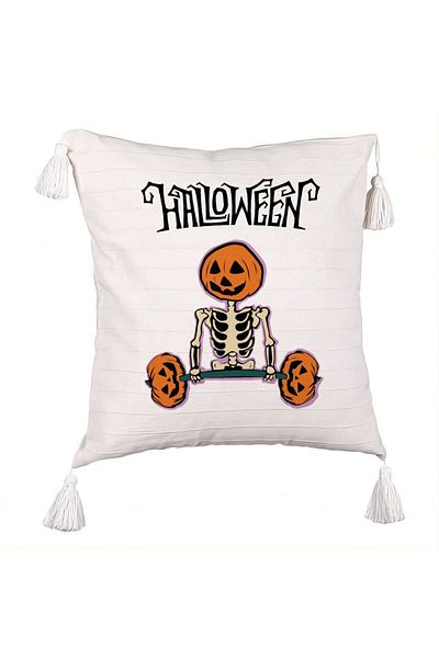 BEKZ Fringed Pillowcase with Halloween Skeleton 2 motif, 45x45 cm, Ecru, With zipper