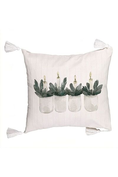BEKZ Christmas themed decorative pillow with fringes, Candles, 3, 45x45 cm, Ecru, With zipper