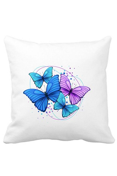 BEKZ Decorative Pillow, Colorful Butterflies, 40x40 cm, White, Matte, Removable Cover, Bellows