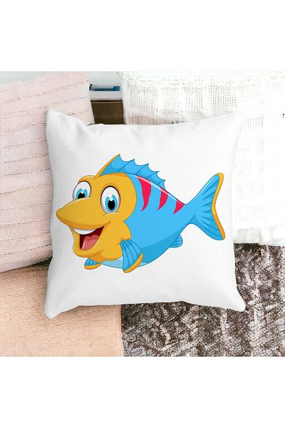 BEKZ Perna Decorativa Patrata copii Peste Albastru, 40x40 cm, Alba, Mata, Husa Detasabila, Burduf