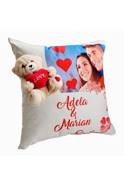 BEKZ Pernă Personalizată Ziua Îndrăgostiților cu Nume și Fotografie + Ursuleț