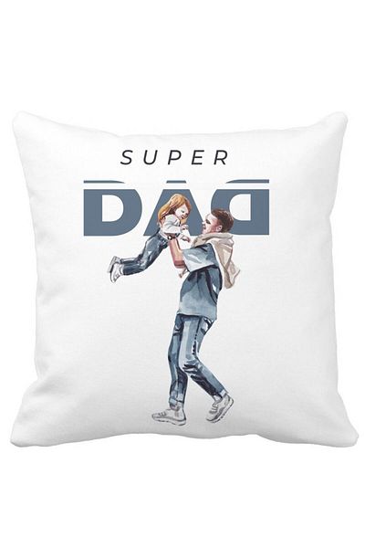 BEKZ Decorative Pillow, Super Dad, 40x40 cm, White, Matte, Removable Cover, Bellows