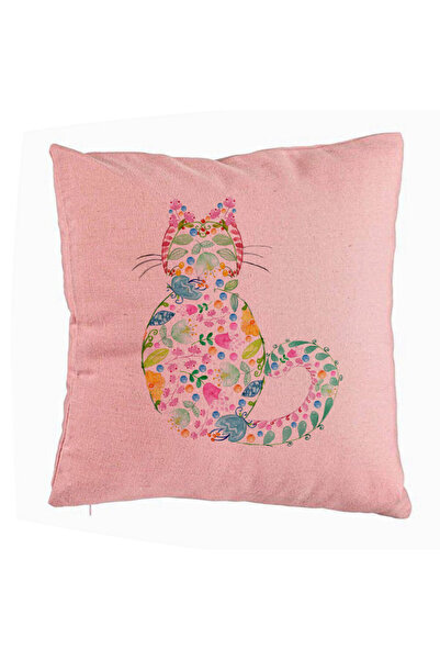 BEKZ Perna Decorativa, Model Pisica cu Flori, Multicolor, 40x40 cm, Roz, Husa...