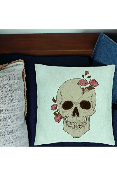BEKZ Față de pernă, model artistic cu craniu și trandafir, 40x40 cm, verde mentă