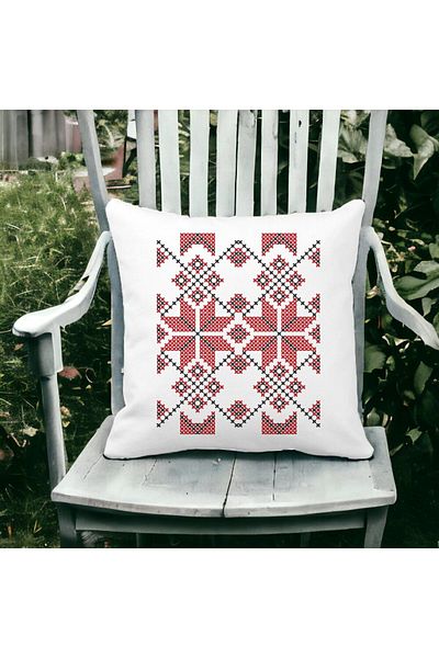 BEKZ Square Decorative Pillow with Romanian Motifs, 40x40 cm, White, Matte, Removable Cover, Bellows