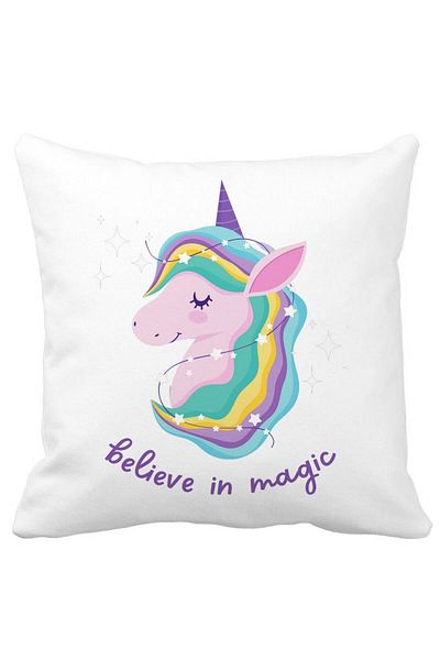 BEKZ Perna Decorativa Patrata Unicorns Believe in Magic, 40x40 cm, Alba, Mata, Husa Detasabila, Burduf