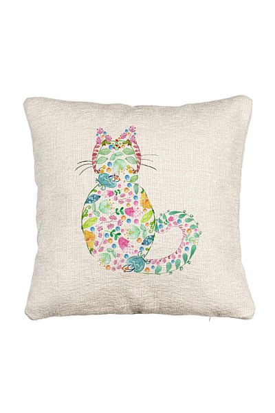 BEKZ Perna Decorativa Canapea, Model Pisica cu Flori, Multicolor, 40x40 cm, Cu fermoar