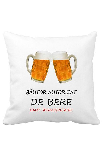 BEKZ Perna Decorativa Patrata Bautor Autorizat de Bere, 40x40 cm, Alba, Mata, Husa Detasabila, Burduf