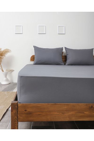 Lio20 Fitted Cotton Fabric Bed Sheet and Pillow Case Set-Elastic-Fade Resistant-Anthracite